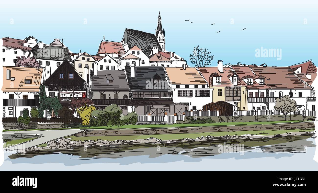 Farbige Vektor Panoramablick der Stadt Cesky Krumlov in Tschechien mit Dächern, Häuser und einem Teich hand Zeichnung Illustration Stock Vektor