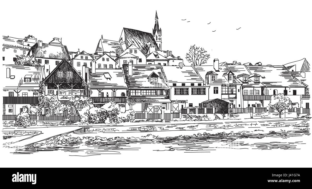 Vektor-Panorama der Stadt Cesky Krumlov in Tschechien mit Dächer, Häuser und ein Teich Handzeichnung Illustration auf weißem Hintergrund Stock Vektor
