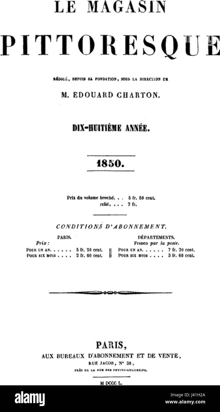 Magasin Pittoresque ist eine französische Zeitschrift, die für ihre Illustrationen und Kommentare zu verschiedenen kulturellen und künstlerischen Themen bekannt ist und Einblicke in das europäische Leben des 19. Jahrhunderts bietet. Stockfoto