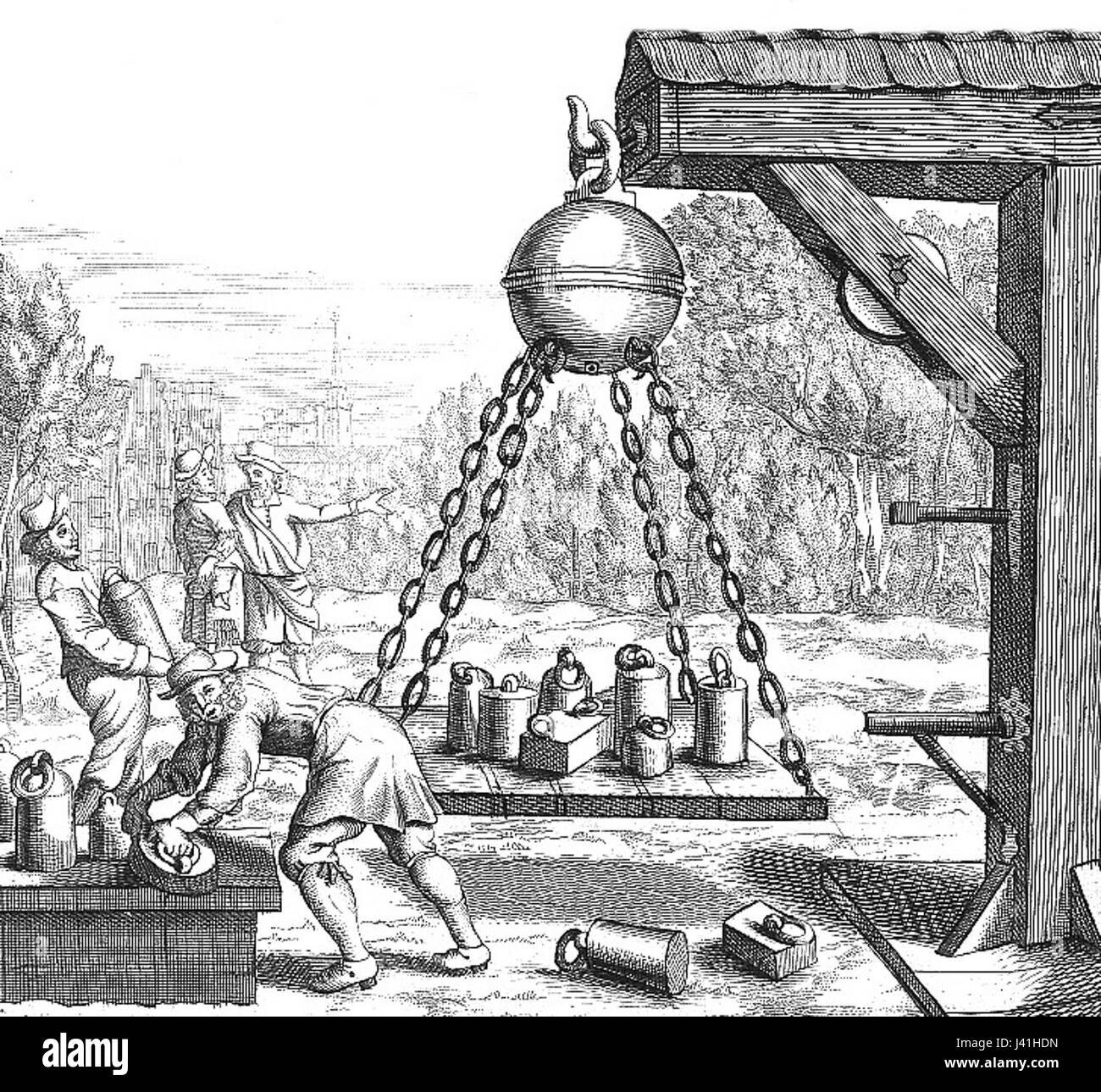 Die Magdeburger Hemisphären aus der Fotothek 0005669 waren ein wichtiges wissenschaftliches Experiment zur Demonstration des atmosphärischen Drucks. Die Zeichnung zeigt das bahnbrechende Experiment von Otto von Guericke aus dem Jahr 1654. Stockfoto