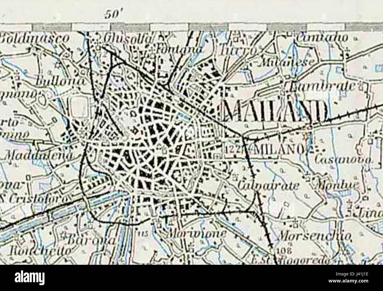 Eine historische Karte von Mailand aus dem Jahr 1910, die das Stadtbild, die Straßen und die städtische Entwicklung während des frühen 20. Jahrhunderts zeigt. Stockfoto