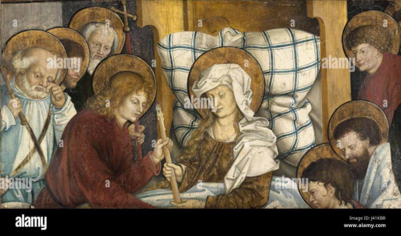 Dieses Werk des Meisters von Sigmaringen bezieht sich auf ein religiöses Gemälde oder eine Darstellung des Todes der Jungfrau Maria und veranschaulicht zentrale christliche Themen wie das Vergehen der Jungfrau und ihre Bedeutung in der christlichen Theologie. Stockfoto