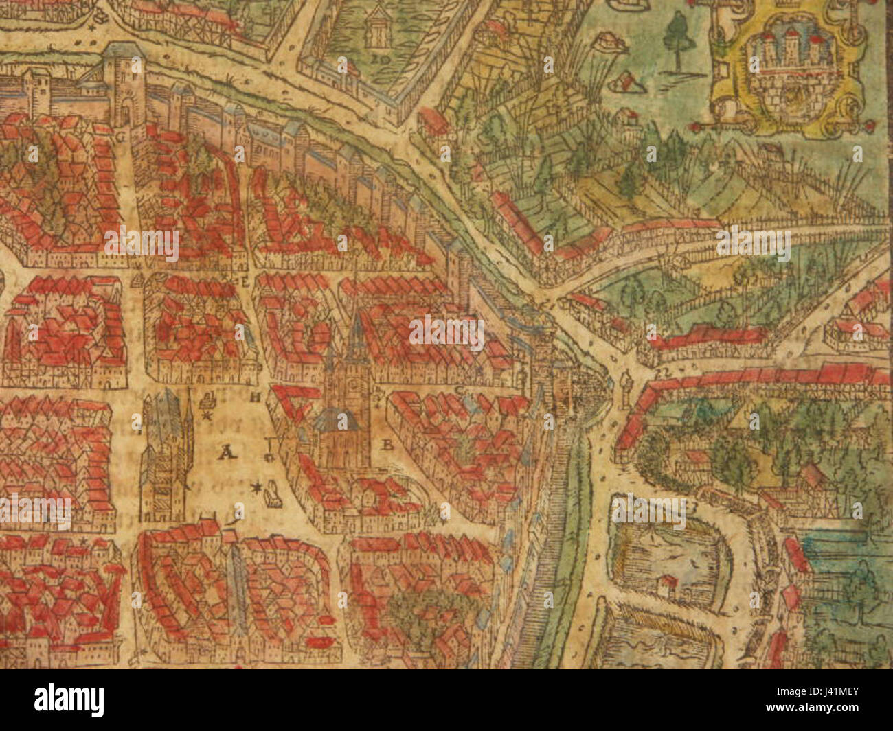 Diese Karte von Freiburg aus dem frühen 17. Jahrhundert bietet einen detaillierten Blick auf die Stadt in einer Zeit politischer und religiöser Konflikte, geprägt durch den Dreißigjährigen Krieg und die Frühe Neuzeit. Stockfoto