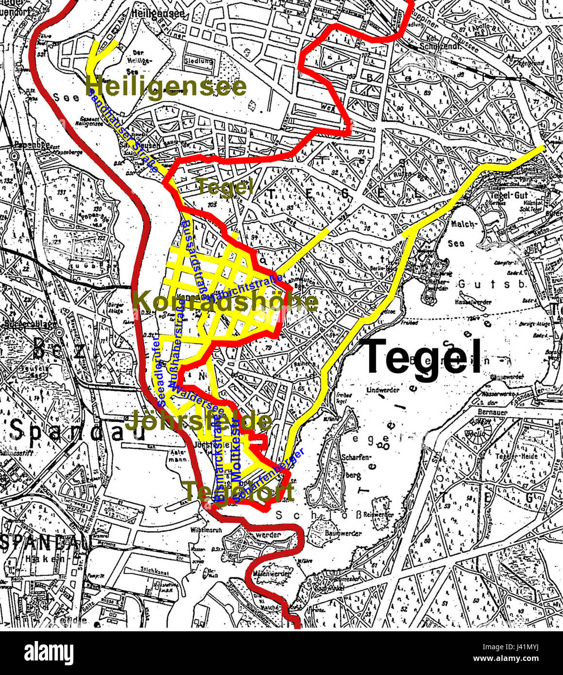 Konradshoehes Straßensystem von 1925 ist ein historisches Stadtplanungsprojekt, das die Stadtentwicklung des frühen 20. Jahrhunderts repräsentiert. Das Straßenbild spiegelt die Planung und das Wachstum des Gebiets während der Weimarer Republik wider. Stockfoto