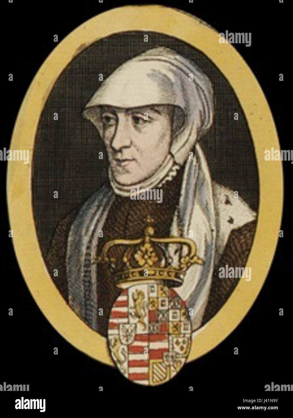 Eine historische Darstellung von Maria von Ungarn, einer bedeutenden königlichen Figur in der europäischen Geschichte, die für ihren Einfluss in Ungarn und ihre königliche Abstammung bekannt ist. Stockfoto