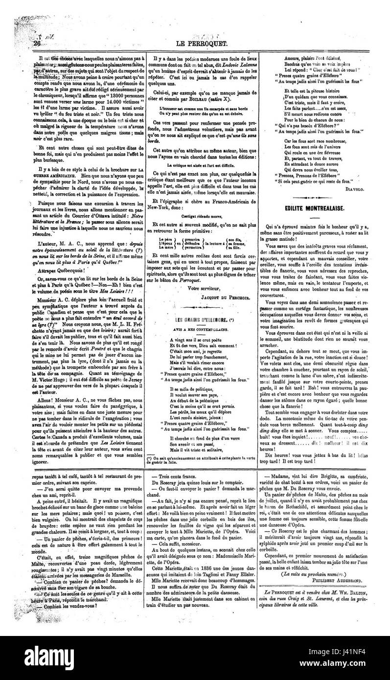 Le Perroquet war eine französische Zeitschrift, die sich mit Kunst und Mode befasst und sich mit dem kulturellen Leben in Paris befasst. Ausgabe Nr. 7, Seite 22, enthielt wahrscheinlich aufschlussreiche Artikel und Illustrationen, die die künstlerischen Strömungen der Zeit widerspiegelten. Stockfoto