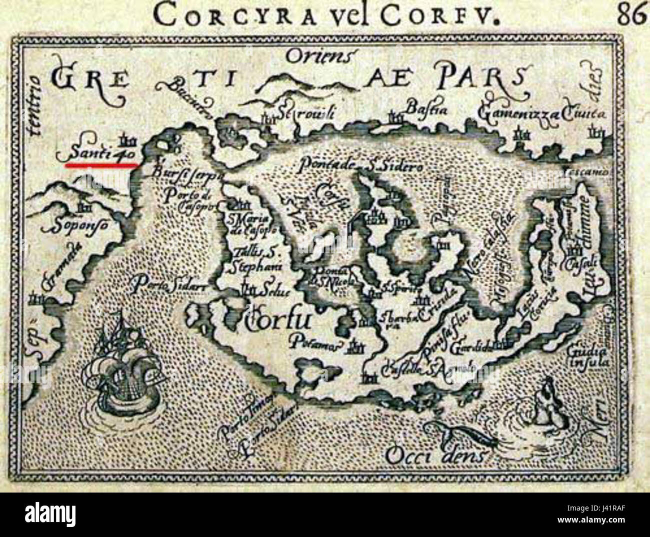 Die Lage Sarandas befindet sich in Korfu und ist auf der Karte von Ortelius aus dem Jahr 1595 dargestellt. Diese Karte zeigt die geografischen Besonderheiten und den historischen Kontext der Region und zeigt ihre Bedeutung für die europäische Kartographie während der Renaissance. Stockfoto Die Lage Sarandas befindet sich in Korfu und ist auf der Karte von Ortelius aus dem Jahr 1595 dargestellt. Diese Karte zeigt die geografischen Besonderheiten und den historischen Kontext der Region und zeigt ihre Bedeutung für die europäische Kartographie während der Renaissance. Stockfoto
