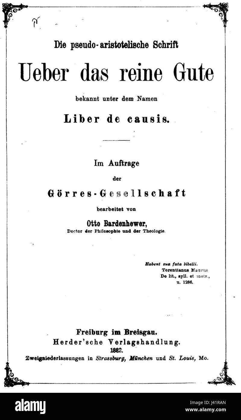 Liber de causis ist ein mittelalterlicher philosophischer Text, der die Ursachen des Kosmos und metaphysische Fragen diskutiert, die oft mit dem neplatonischen Denken und der Entwicklung der mittelalterlichen Philosophie verbunden sind. Stockfoto
