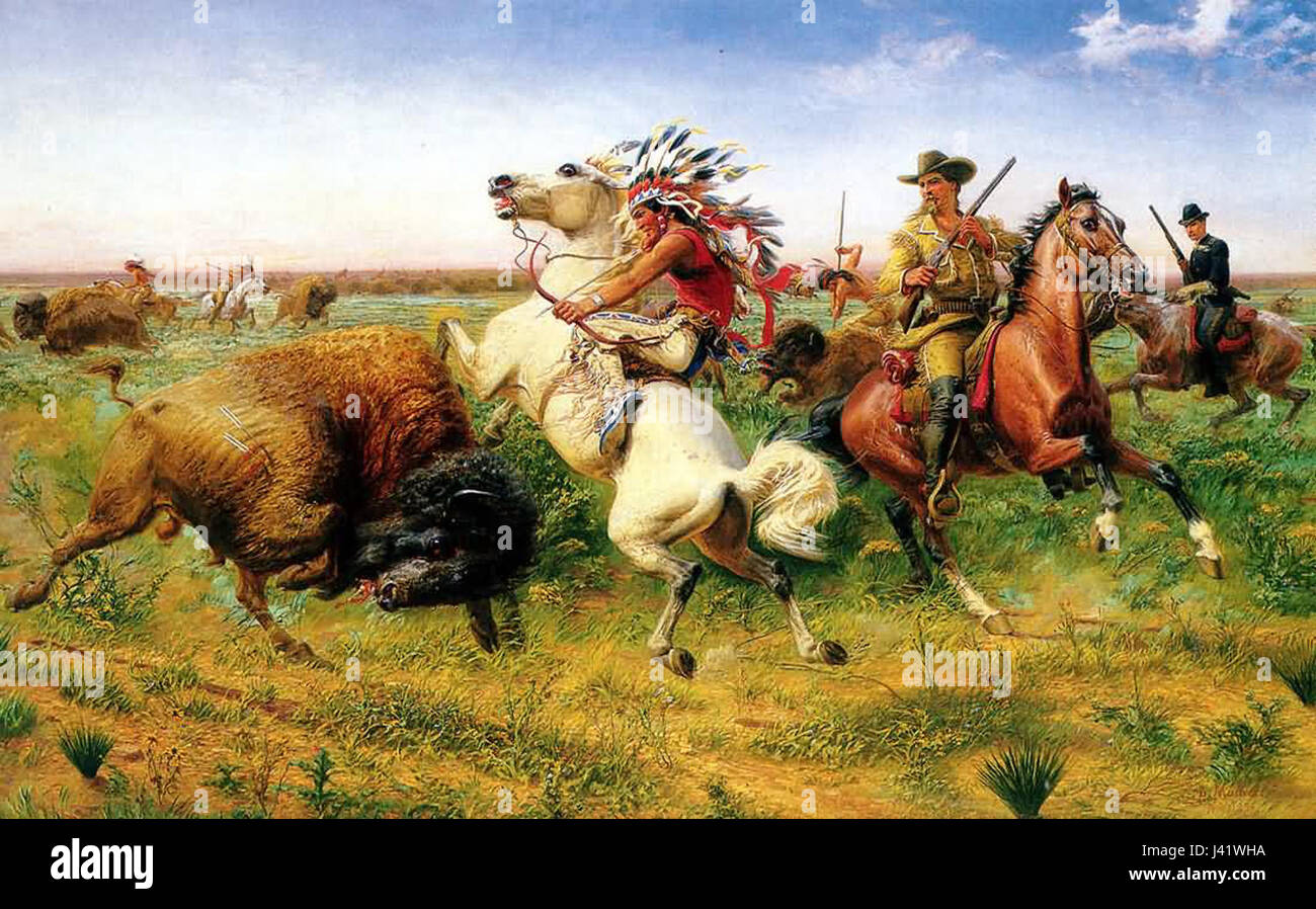 Dieses Kunstwerk mit dem Titel „The Great Royal Buffalo Hunt“ von Louis Maurer zeigt eine dramatische Szene einer königlichen Büffeljagd im Jahr 1895. Maurerâ Stück fängt die Intensität der Jagd ein und zeigt die königliche Jagdtradition im Freien mit Büffeln. Das Kunstwerk spiegelt die historische Bedeutung der Jagd an königlichen Höfen wider. Stockfoto