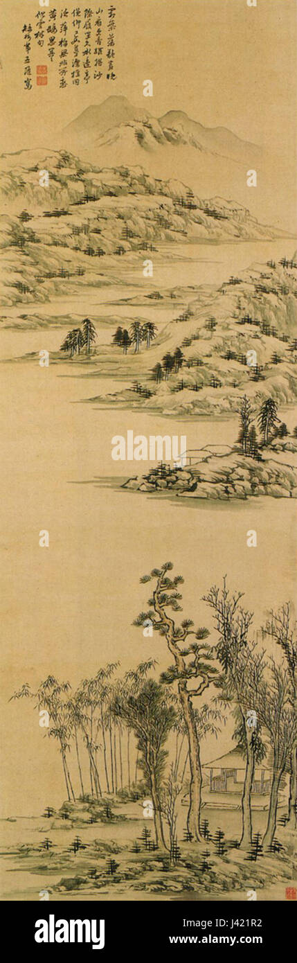 Dieses Landschaftsgemälde, inspiriert von dem Gedicht von Ni Zan, wurde von Noro Kaiseki geschaffen. Es zeigt heitere Naturelemente und philosophische Themen in der traditionellen chinesischen Landschaftsmalerei und spiegelt die Harmonie zwischen Natur und menschlichem Denken wider. Stockfoto