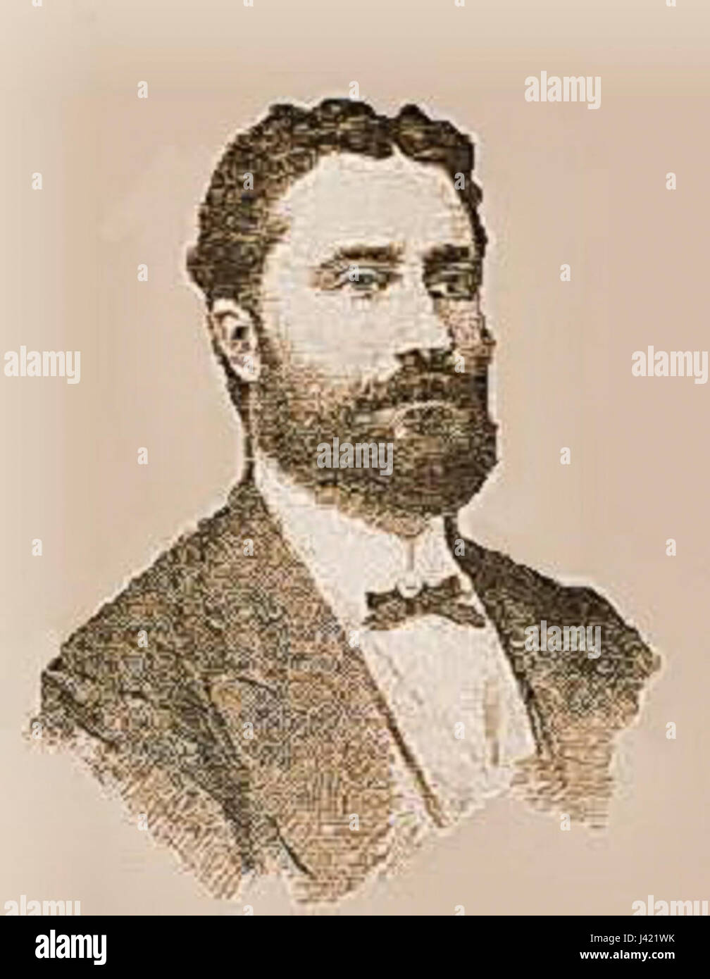 Dieses Werk ist ein Stich von Edoardo Matania mit dem Titel „Ritratto di Nicotera“ aus dem Jahr 1887. Es zeigt ein Porträt von Nicotera, wahrscheinlich eine historische Figur, im Holzschnitt-Stil. Stockfoto