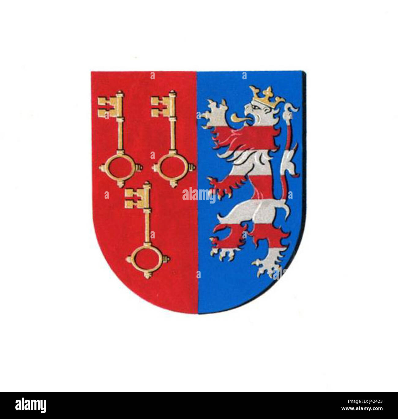 Das Wappen von Lochristi, einer Gemeinde in Belgien, repräsentiert die historische Identität und Bedeutung der townâ mit Symbolen und Wappen, die mit ihrem Erbe und ihrer lokalen Geschichte in Verbindung stehen. Stockfoto