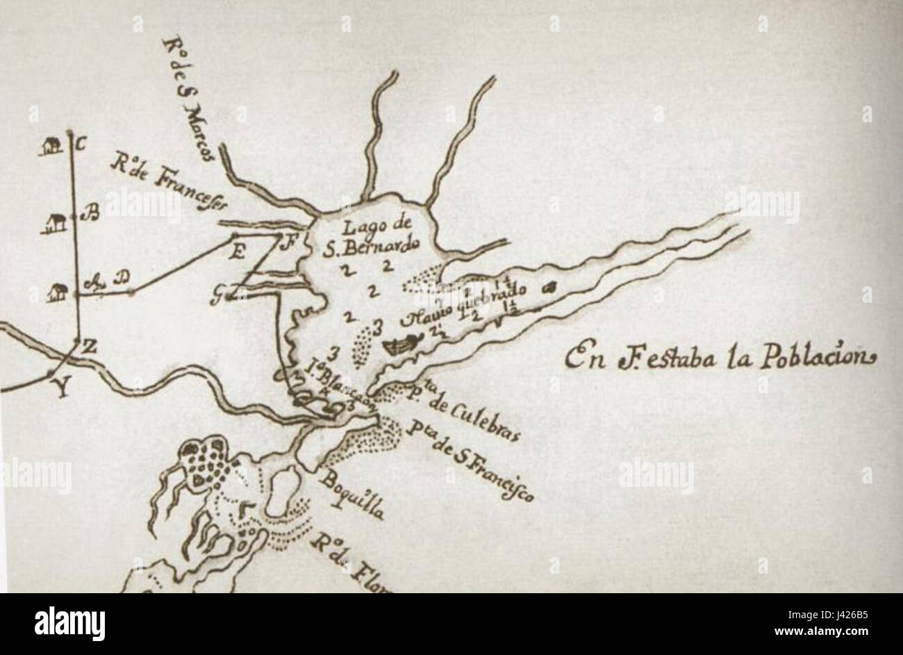 Diese Referenz beschreibt wahrscheinlich Ereignisse oder maritime Geschichte im Zusammenhang mit Matagorda Bay, Texas, im Jahr 1689. Sie wird mit der frühen Kolonialgeschichte oder der Erkundungsgeschichte in der Region in Verbindung gebracht. Stockfoto
