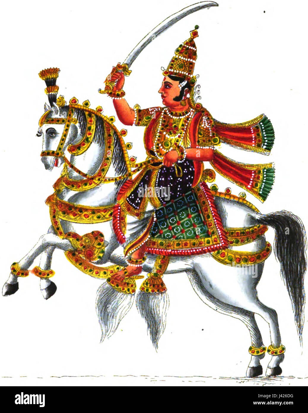 Die Darstellung von Kubera, dem hinduistischen Gott des Reichtums und des Wohlstands von 1842, unterstreicht seine symbolische Rolle in der indischen Mythologie. Das Kunstwerk zeigt traditionelle Elemente, die Kuberas Bedeutung für religiöse und kulturelle Praktiken verdeutlichen. Stockfoto