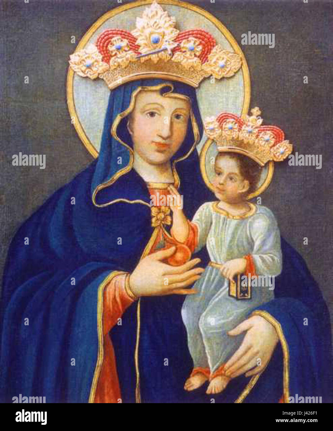 Matka Boska Piekarska bezieht sich auf die Ikone der Schwarzen Madonna von Piekary, ein verehrtes religiöses Bild in Polen. Es ist mit dem Piekary ÅšlÄ…Skie Sanctuary verbunden, einem wichtigen Wallfahrtsort in Oberschlesien. Stockfoto