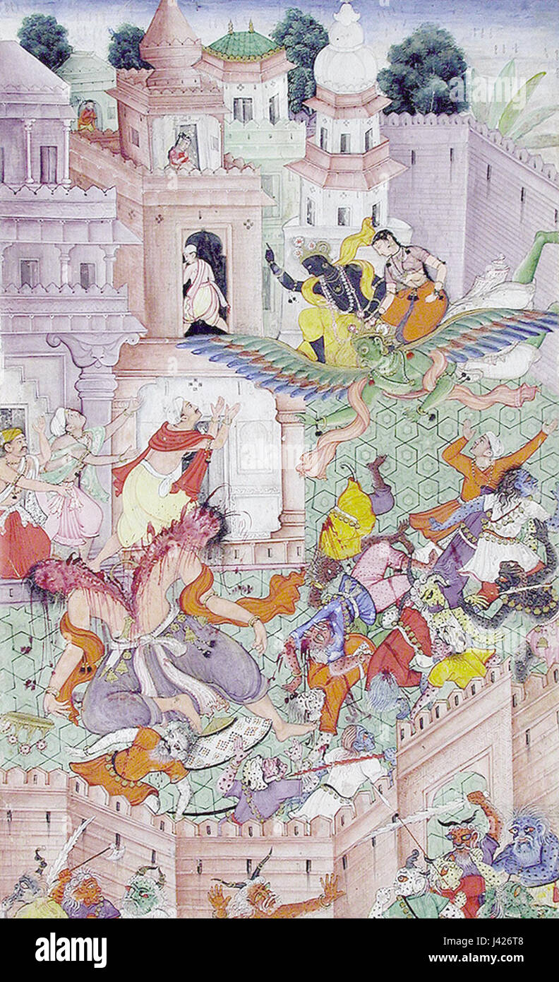Diese Darstellung zeigt den hinduistischen Gott Krishna, der seinen Diskus Sudarshana Chakra benutzt, um den Dämon Narakasura zu besiegen. Diese mythologische Szene reflektiert ein Schlüsselereignis aus dem Mahabharata, das den Triumph des Guten über das Böse und Krishnas göttliche Macht symbolisiert. Stockfoto