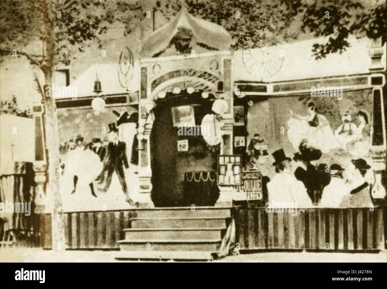 „La Goulue“ ist eine berühmte französische Can-Can-Tänzerin aus dem 19. Jahrhundert, die für ihre energiegeladenen Auftritte im Moulin Rouge bekannt ist. Ihr Einfluss auf die französische Tanzkultur machte sie zu einem Symbol des Pariser Nachtlebens während der Belle Epoque. Stockfoto