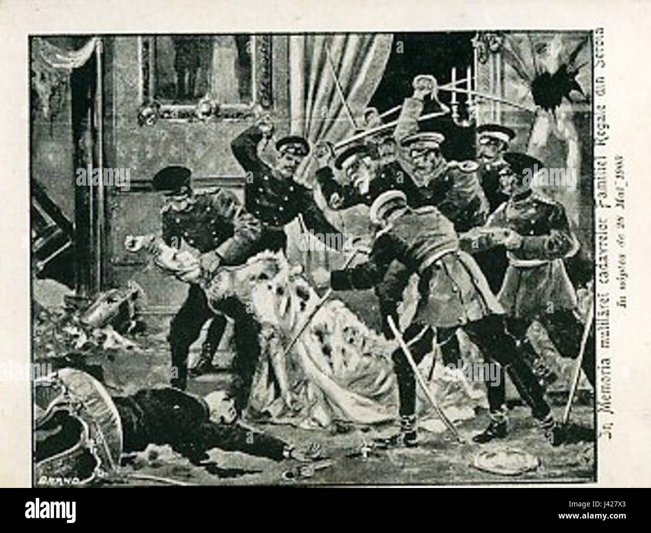 Der Majski-Putsch im Mai 1903 war ein bedeutendes politisches Ereignis in Serbien, das zu einem gewaltsamen Sturz der herrschenden Königsfamilie und einem Wechsel in der Führung des Landes führte. Stockfoto