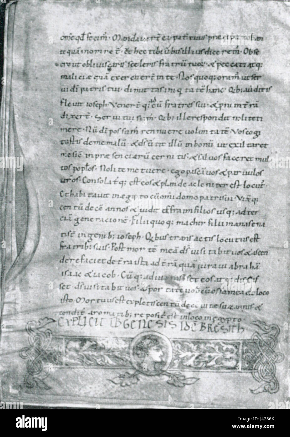 Liber Genesis, eine Handschrift auf Schloss Zeil, präsentiert das biblische Buch Genesis in mittelalterlicher Schrift, das frühchristliche Geschichte zeigt. Stockfoto