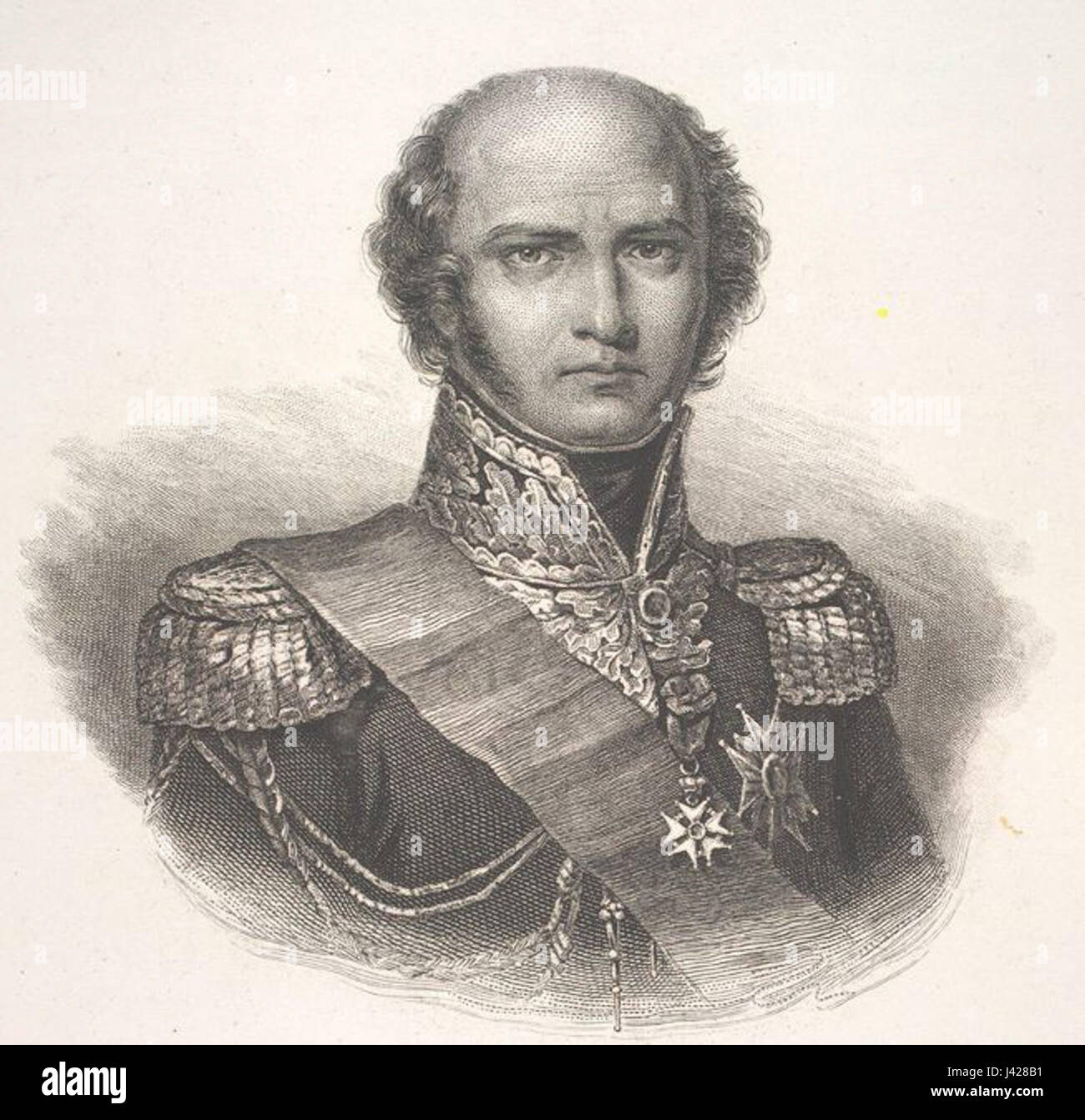 Dieses Porträt zeigt Marschall Louis-Nicolas Davout, einen der geschicktesten Militärkommandanten Napoleons. Gemalt vom Künstler Maulet zeigt das Stück seine strategische Bedeutung in den Napoleonischen Kriegen. Stockfoto