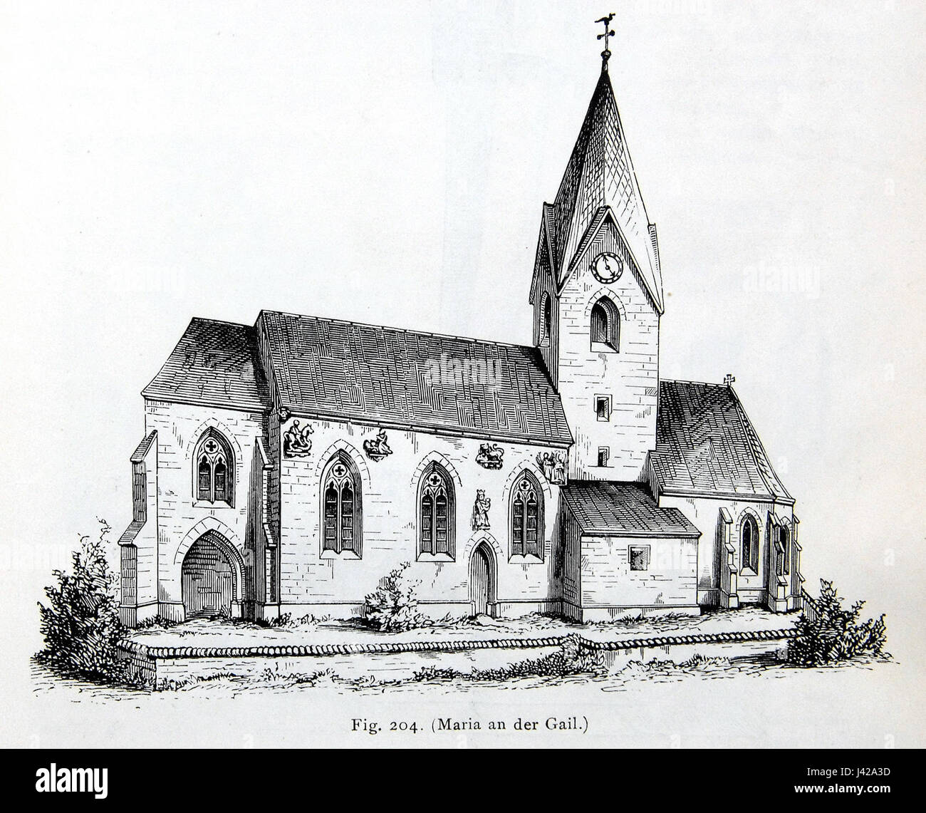 Diese Zeichnung von Maria Gail aus dem Jahr 1889 zeigt eine Pfarrkirche in einem detaillierten, historischen Architekturstil. Die Abbildung zeigt das Design und die Kunstfertigkeit der Kirchenstruktur. Stockfoto Diese Zeichnung von Maria Gail aus dem Jahr 1889 zeigt eine Pfarrkirche in einem detaillierten, historischen Architekturstil. Die Abbildung zeigt das Design und die Kunstfertigkeit der Kirchenstruktur. Stockfoto