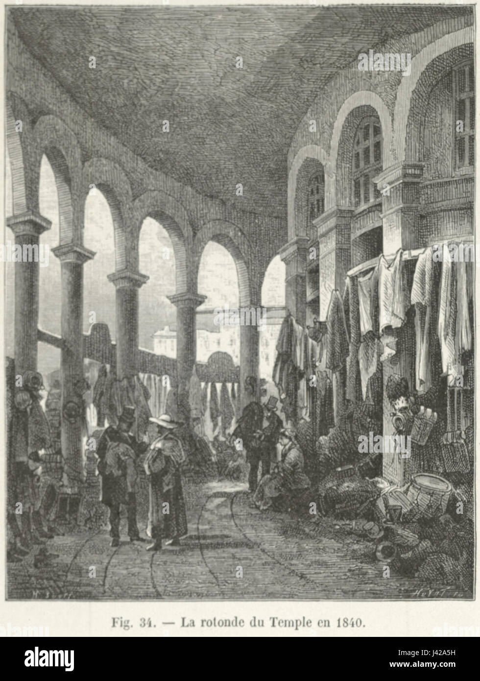 La Rotonde du Temple war eine bedeutende historische Struktur in Paris, Frankreich, die im Laufe der Zeit verschiedenen Zwecken diente. Diese Darstellung von 1840 zeigt die Rotunde, Teil des Tempelkomplexes, bekannt für ihre militärischen und defensiven Rollen während der Französischen Revolution. Sie war ein Schwerpunkt sowohl für die städtebauliche Entwicklung als auch für politische Veranstaltungen. Stockfoto