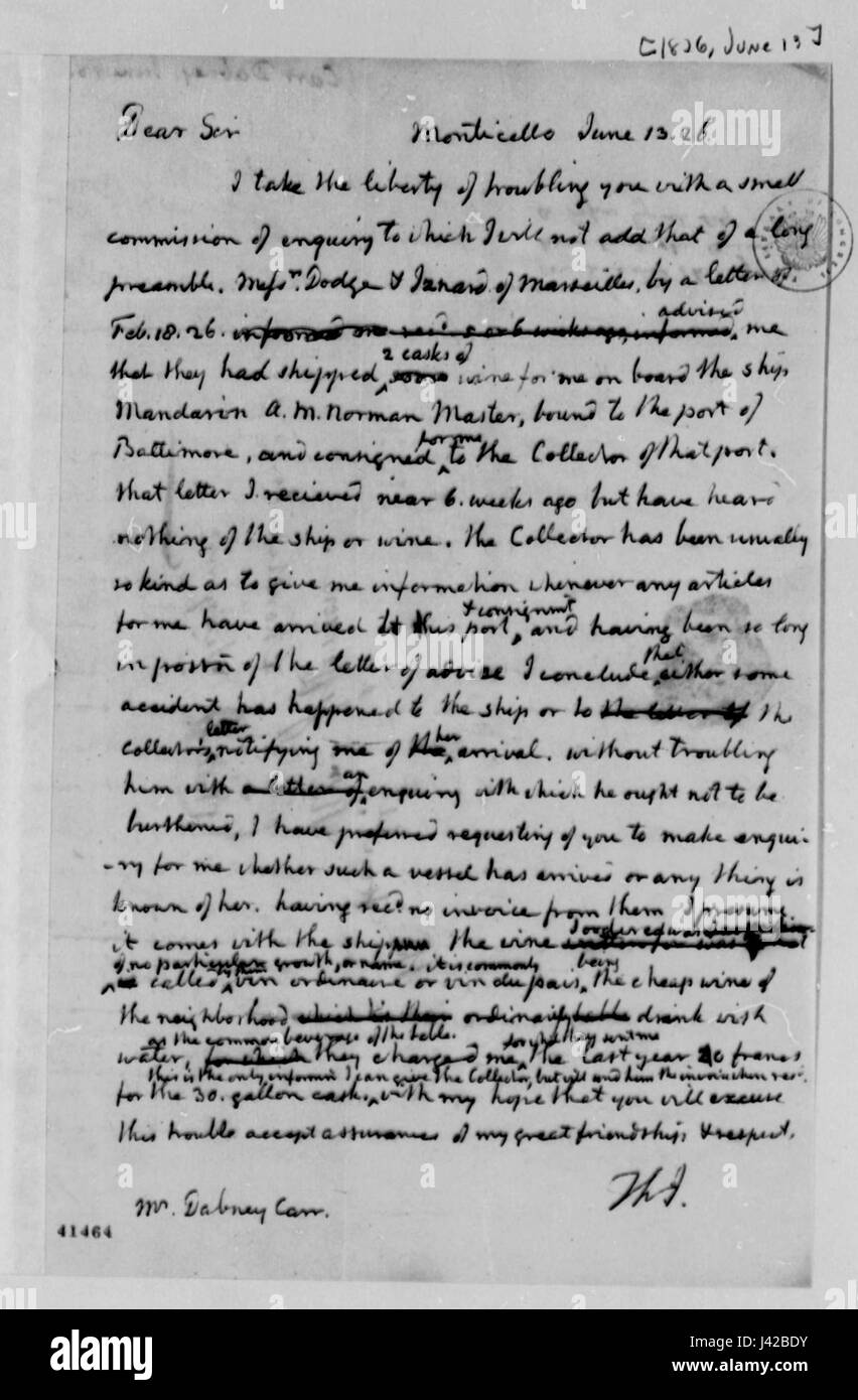 Brief von Thomas Jefferson, Dabney Carr 1826 Stockfoto