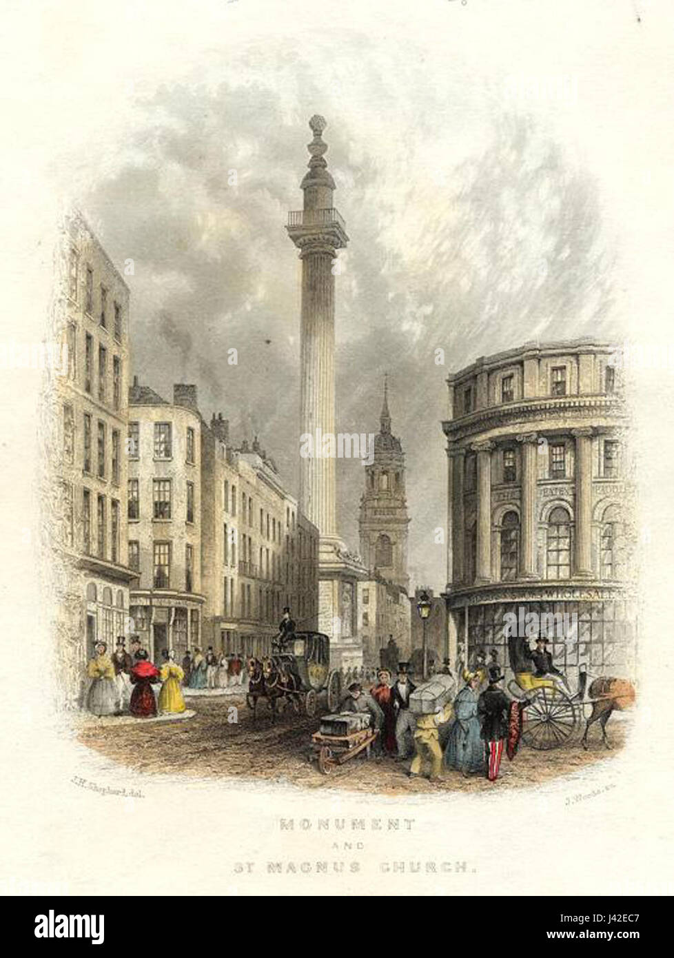 London, Denkmal & St.Magnus Kirche J Wald nach THS Publ 1837 Stockfoto