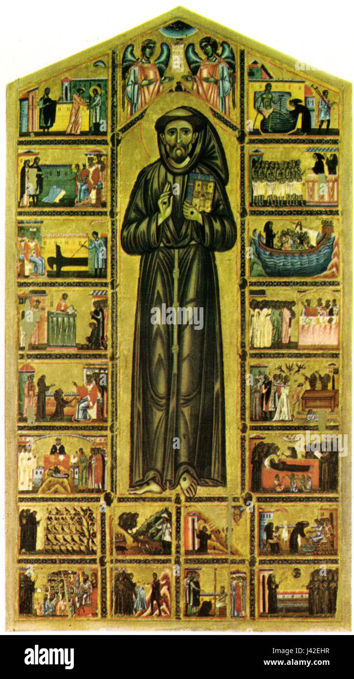 Das Kunstwerk „San Francesco e episodi della sua vita“ des Maestro del San Francesco Bardi zeigt Szenen aus dem Leben des hl. Franz von Assisi. Das Werk ist Teil der Bardi-Sammlung, die wichtige Momente aus dem Leben der saintâ und seiner Hingabe an den Gottesdienst einfängt. Stockfoto