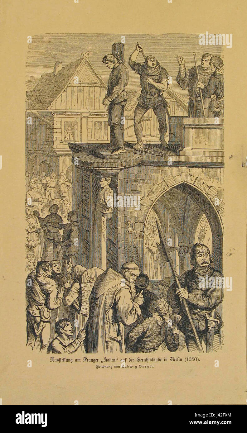 Eine historische Darstellung des „Pranger auf der Gerichtslaube“ von Ludwig Burger, ein Werk, das die öffentliche Bestrafung im mittelalterlichen Berlin veranschaulicht und die gesellschaftlichen Praktiken der Zeit thematisiert. Stockfoto