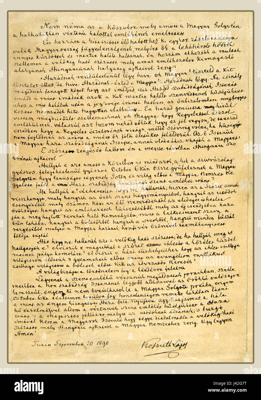 Dieser Eintrag bezieht sich auf einen schriftlichen Text einer Rede von Lajos Kossuth in Arad. Kossuth war ein prominenter ungarischer politischer Führer, und seine Reden waren wichtig in der ungarischen Geschichte des 19. Jahrhunderts, insbesondere in Bezug auf Unabhängigkeit und nationale Fragen. Stockfoto