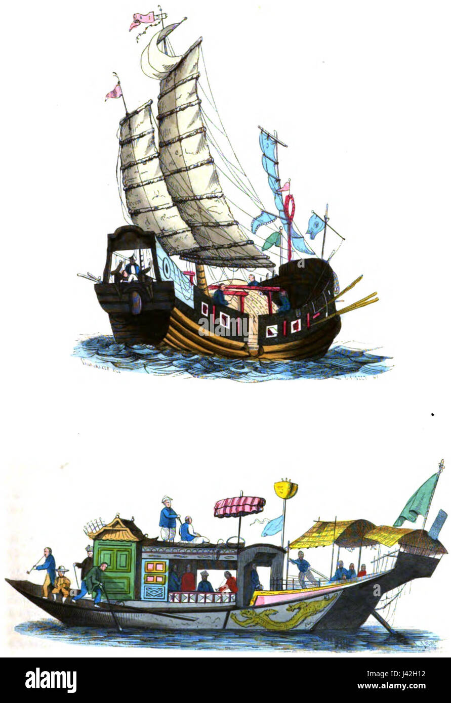Dies ist ein Verweis auf Auguste Wahlen's Werk von 1843, in dem die Bräuche, Verwendungen und Kostüme verschiedener Völker der Welt detailliert beschrieben werden, wobei der Schwerpunkt insbesondere auf chinesischen Dschunks lag, die traditionelle Segelschiffe waren. Sie reflektiert kulturelle Praktiken und Kleidung. Stockfoto