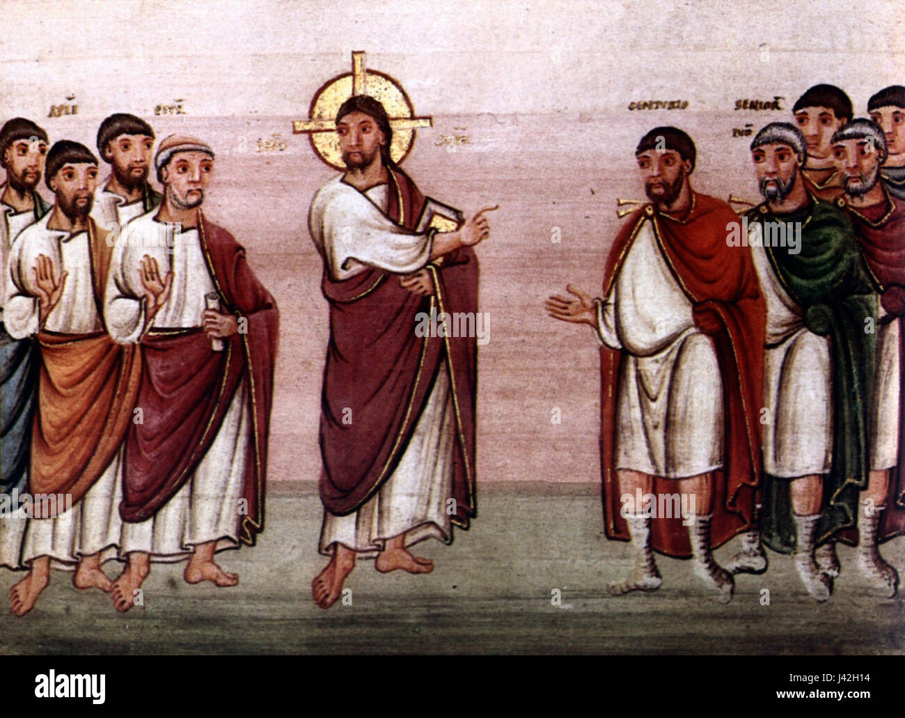 Matthew8CodexEgbertiFol22rDetail zeigt eine Miniatur aus dem Codex Egberti, die Jesus den Diener des Hauptmanns in Kapernaum heilt (Matthäus 8,5). Stockfoto