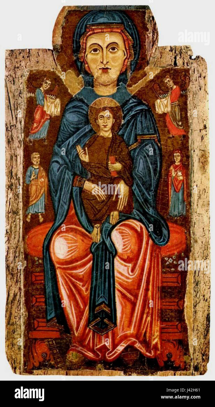 Dieses Gemälde, das der Meister von Tressa zwischen 1225 und 1250 schuf, zeigt die Madonna und das Kind, umgeben von Engeln und Heiligen, die frühmittelalterliche religiöse Kunst widerspiegeln. Sie befindet sich in der Chigi Saracini-Sammlung in Siena. Stockfoto Dieses Gemälde, das der Meister von Tressa zwischen 1225 und 1250 schuf, zeigt die Madonna und das Kind, umgeben von Engeln und Heiligen, die frühmittelalterliche religiöse Kunst widerspiegeln. Sie befindet sich in der Chigi Saracini-Sammlung in Siena. Stockfoto
