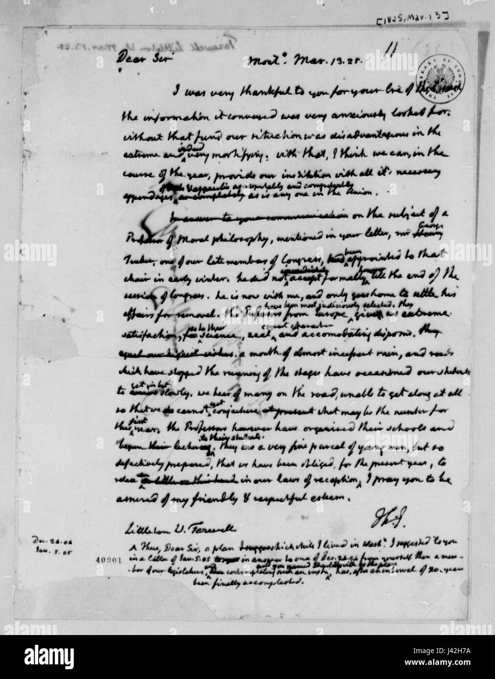 Brief von Thomas Jefferson an Littleton Waller Tazewell 1825 Stockfoto