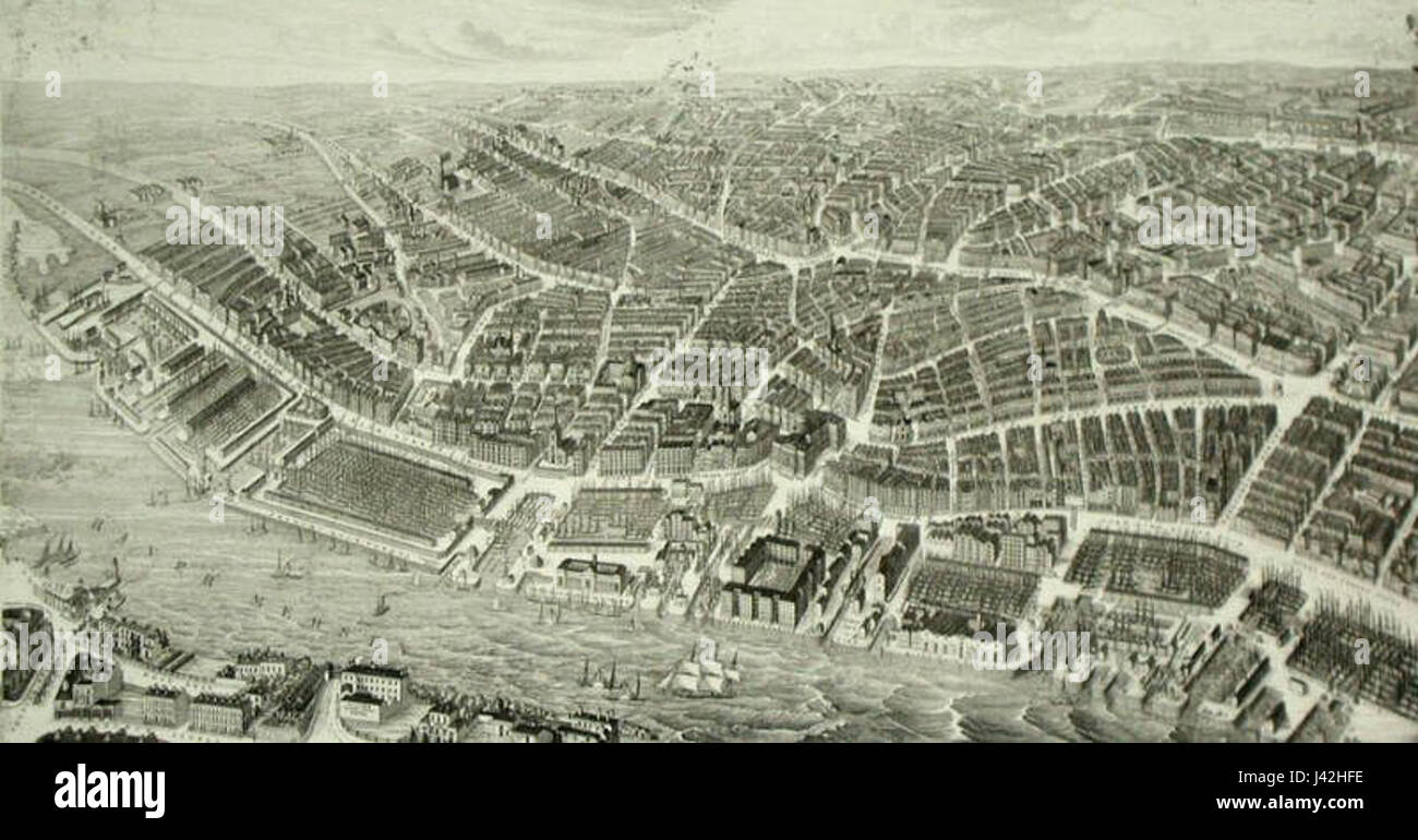 Dieser Panoramablick auf Liverpool aus der Zeit um 1850 fängt die Industrielandschaft der Stadt und ihre Bedeutung als wichtiger Hafen während der viktorianischen Ära ein. Stockfoto