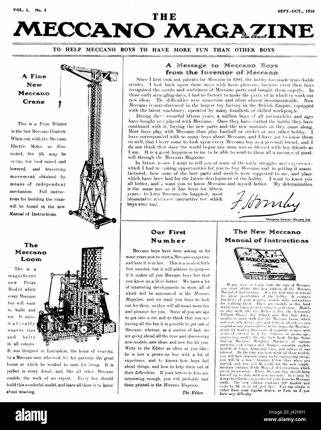 Die Titelseite des Meccano Magazins von September bis Oktober 1916 enthält eine historische Ausgabe des beliebten britischen Magazins, das sich dem Modellbau und dem Maschinenbau widmet. Das Magazin steht in Verbindung mit Meccano, einem Spielzeug- und Bildungssystem, das Ingenieurskunst fördert. Stockfoto