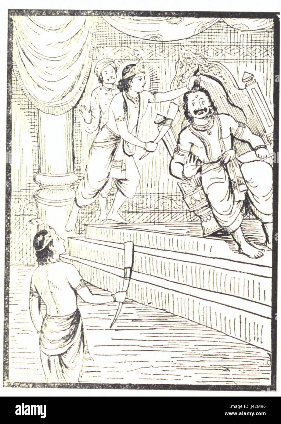 Die Geschichte von Krishna, die Kamsa tötet, ist eine bekannte hinduistische mythologische Geschichte, die den Triumph des Guten über das Böse symbolisiert, wo der Gott Krishna den Tyrannen Kamsa besiegt. Stockfoto