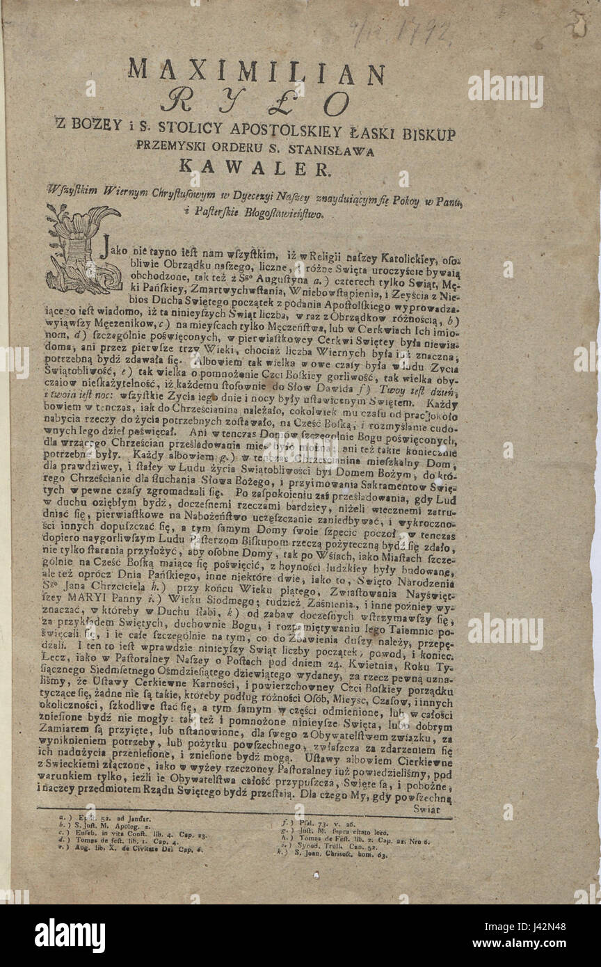 Maksymilian Ryllo war eine historische Figur in Polen, möglicherweise ein Autor oder bedeutender Mensch, der mit der Liste Pasterki von 1792 verwandt war. Der Begriff „Pasterki“ könnte sich auf eine Publikation oder ein kulturelles Artefakt aus dieser Zeit beziehen. Stockfoto