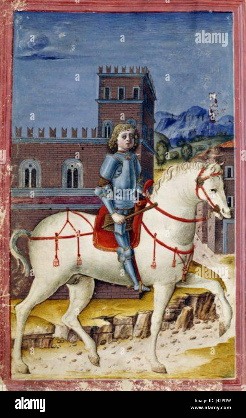 Eine Darstellung von Massimiliano Sforza, Herzog von Mailand, auf dem Pferd, die die Macht und Autorität des Renaissanceadels zeigt. Stockfoto