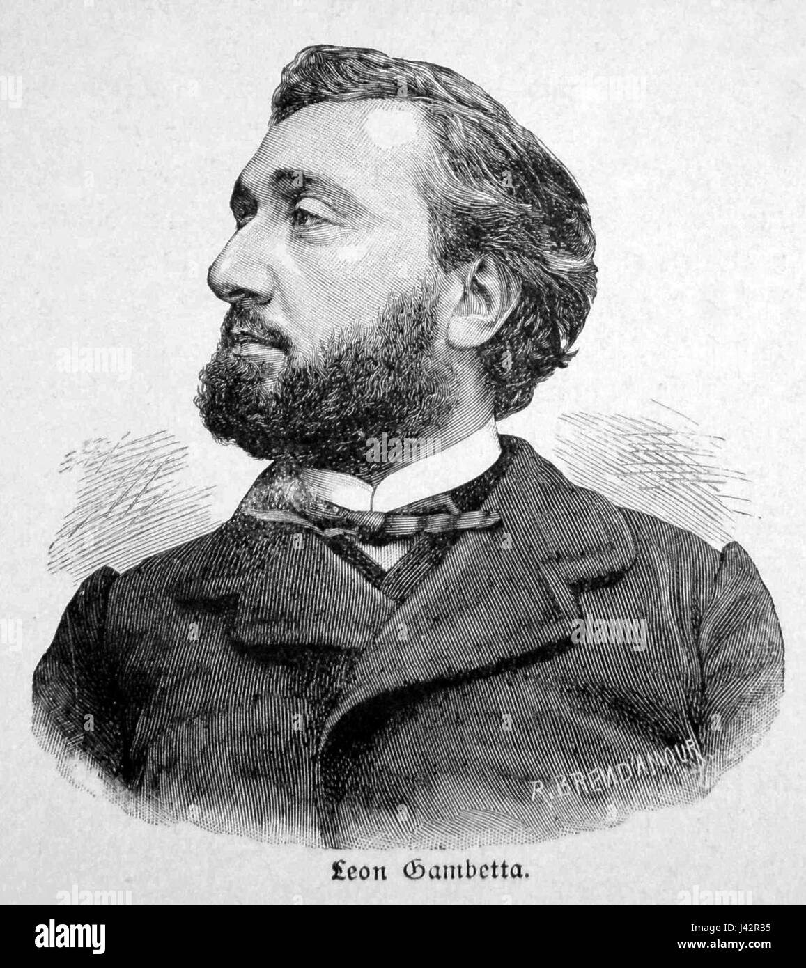 Leon Gambetta war ein prominenter französischer Staatsmann und Führer während der Dritten Republik. Bekannt für seine Führung während des Deutsch-Französischen Krieges, spielte er eine Schlüsselrolle bei der Verteidigung Frankreichs und der Gestaltung seiner Nachkriegsregierung. Stockfoto