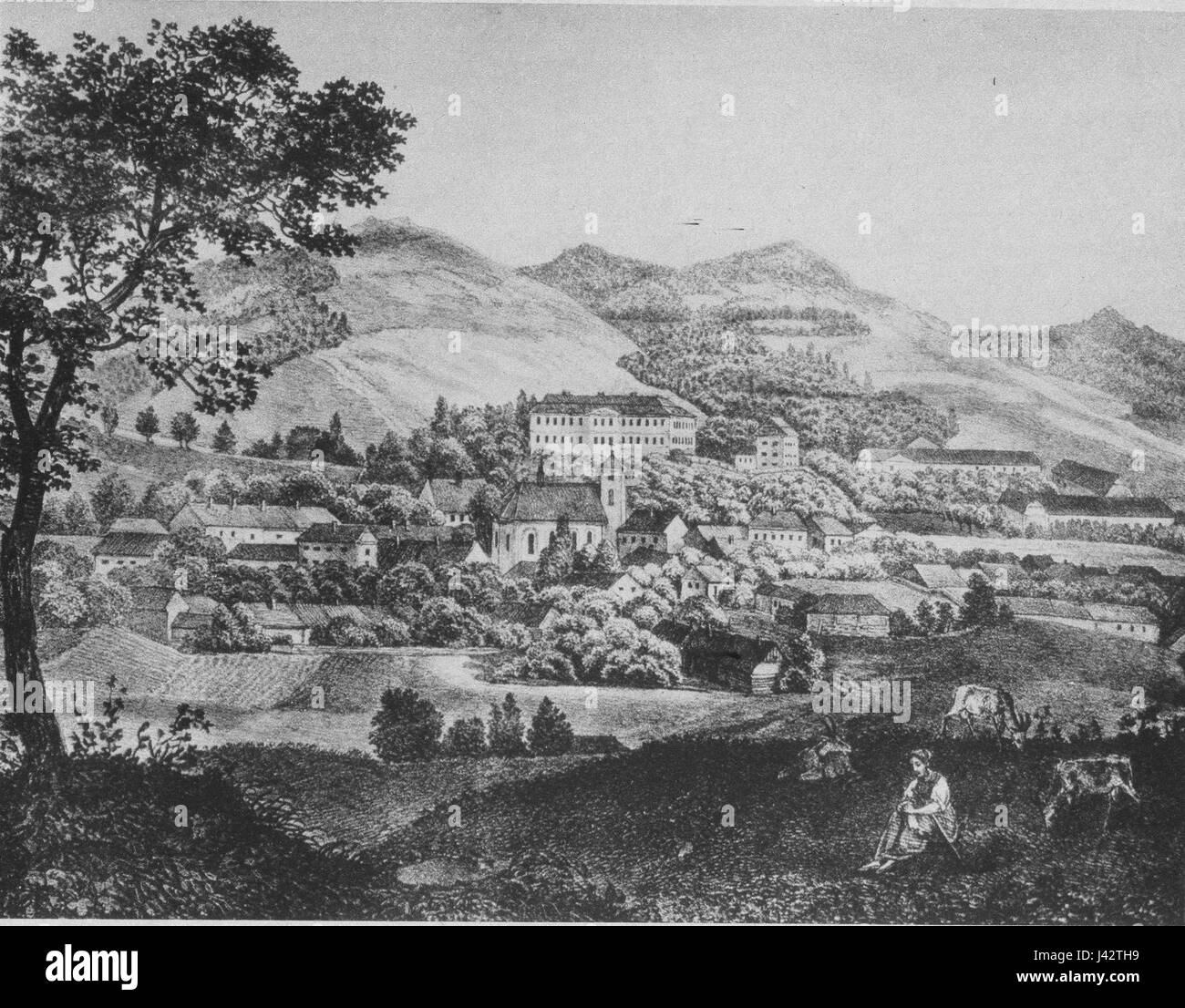 Der Korycany-Stich von Heber ist ein historisches Kunstwerk, das eine Szene aus der tschechischen Stadt Korycany darstellt. Die Gravur fängt die Architektur und das ländliche Leben der Gegend während ihrer Zeit ein. Stockfoto