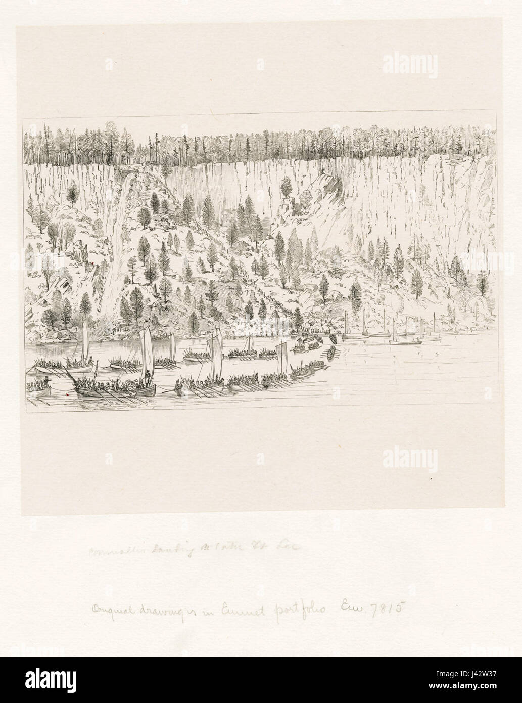 Dieses historische Bild zeigt die Landung britischer Truppen in Fort Lee, New Jersey, am 20. November 1776, ein bedeutendes Ereignis während des Amerikanischen Unabhängigkeitskrieges. Die Szene zeigt die britischen Truppen, die sich auf die Schlacht während der Anfangsphase des Krieges vorbereiten. Stockfoto