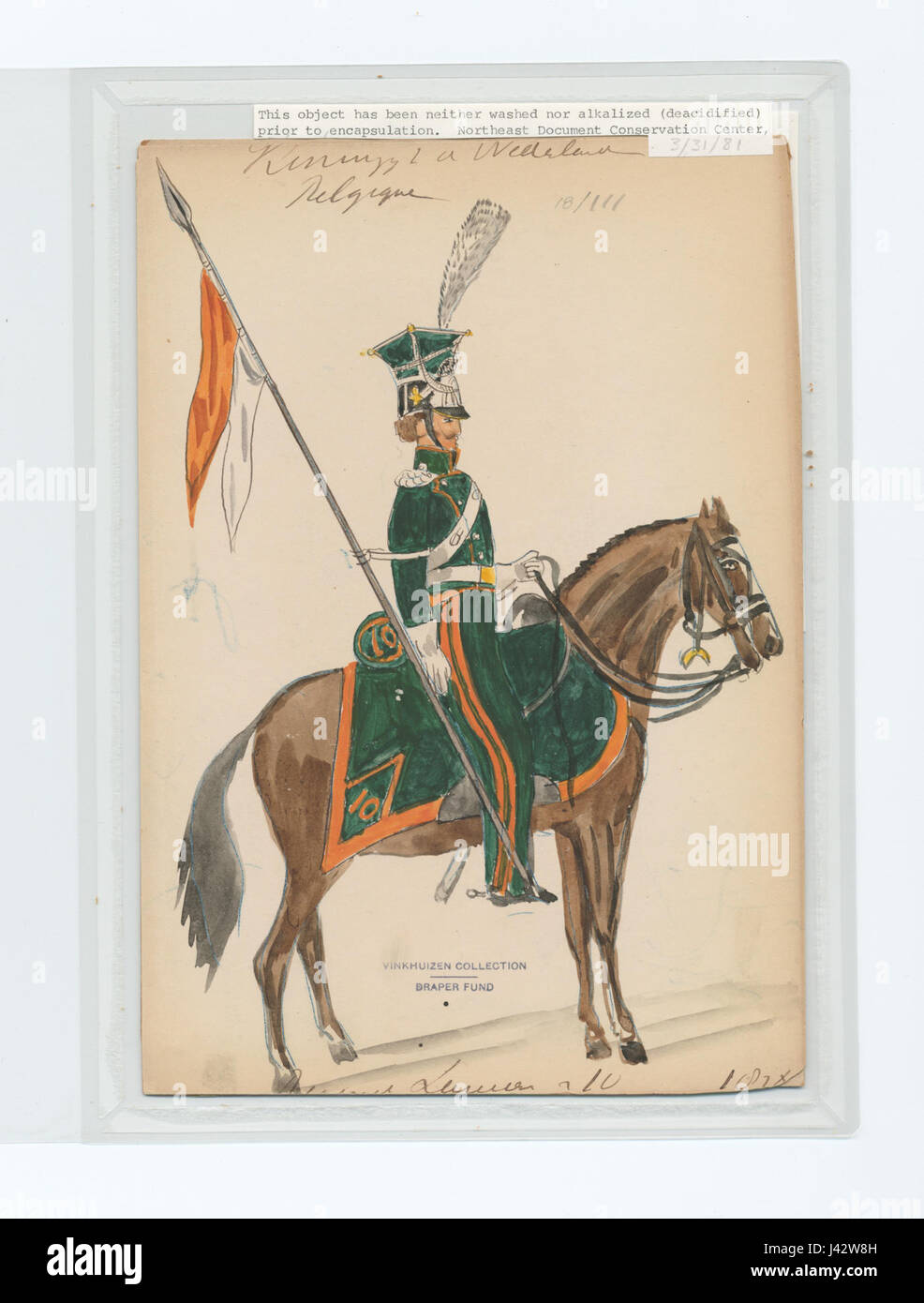 Lancer-Nr. 10, ein historisches Gemälde, zeigt einen berittenen Soldaten in Aktion. Das Kunstwerk fängt die Intensität der Kavallerie-Schlachten ein und zeigt die Militärgeschichte und die Rolle der Lanzer in der Kriegsführung. Stockfoto