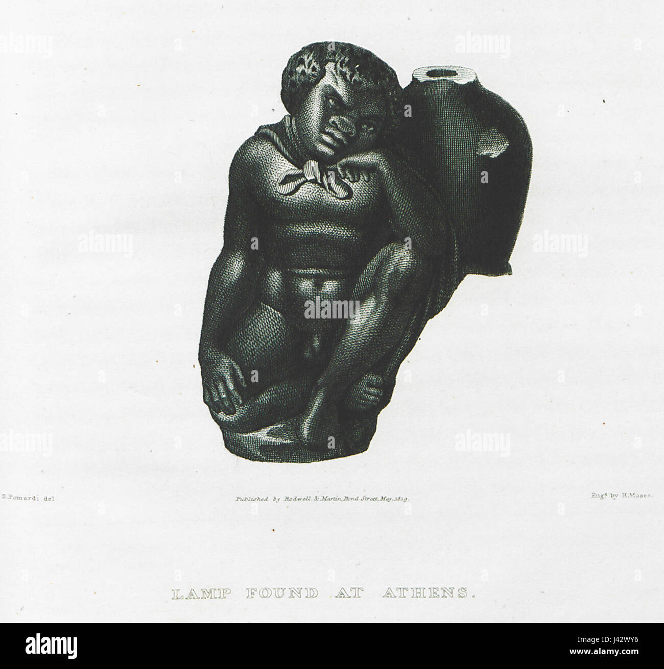 Diese Lampe wurde 1819 von Edward Dodwell geschaffen und zeigt eine Figur mit flachen äthiopischen Merkmalen und einer um die Schultern gefesselten Tierhaut. Sie spiegelt die europäische Interpretation afrikanischer Merkmale und Kultur des 19. Jahrhunderts wider. Stockfoto