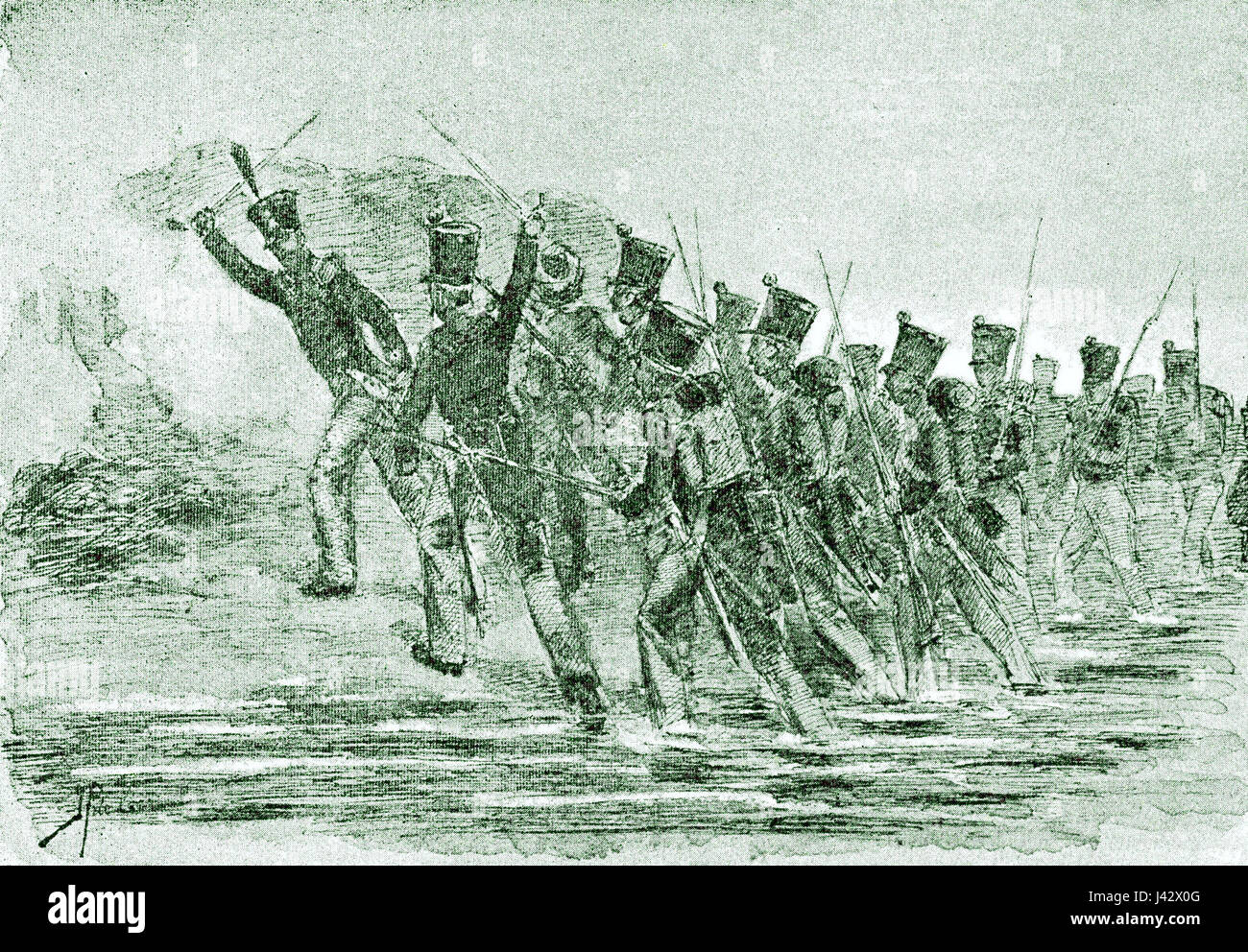 Eine Illustration der Landung an der Küste von Badjoa vom 27. März 1825, die möglicherweise mit einem Kolonialereignis oder einem Erkundungstereignis in der Region zusammenhängt. Stockfoto