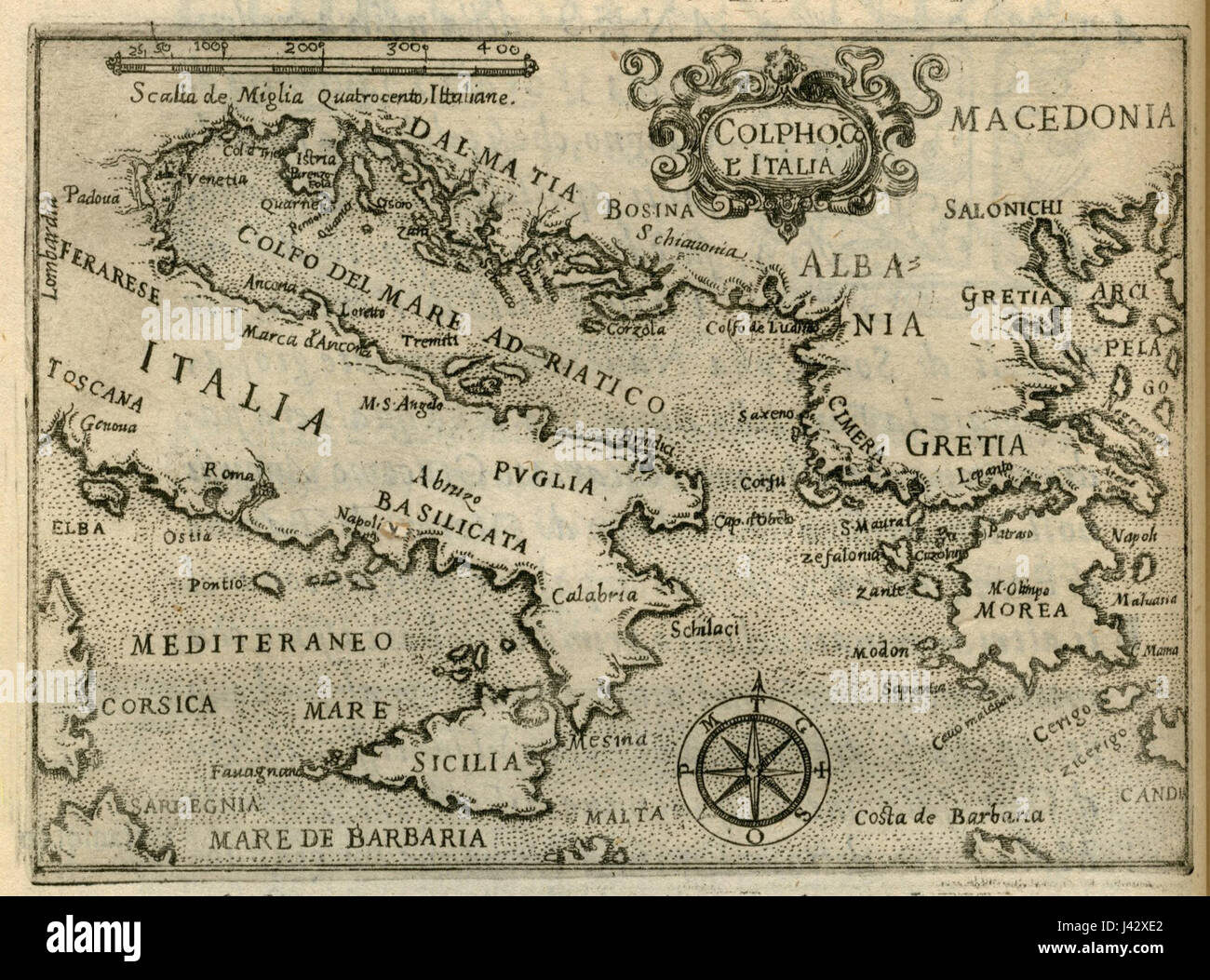 Karte von Italien, die Ionischen Inseln und kontinentales Griechenland Zuallart Jean 1587 Stockfoto