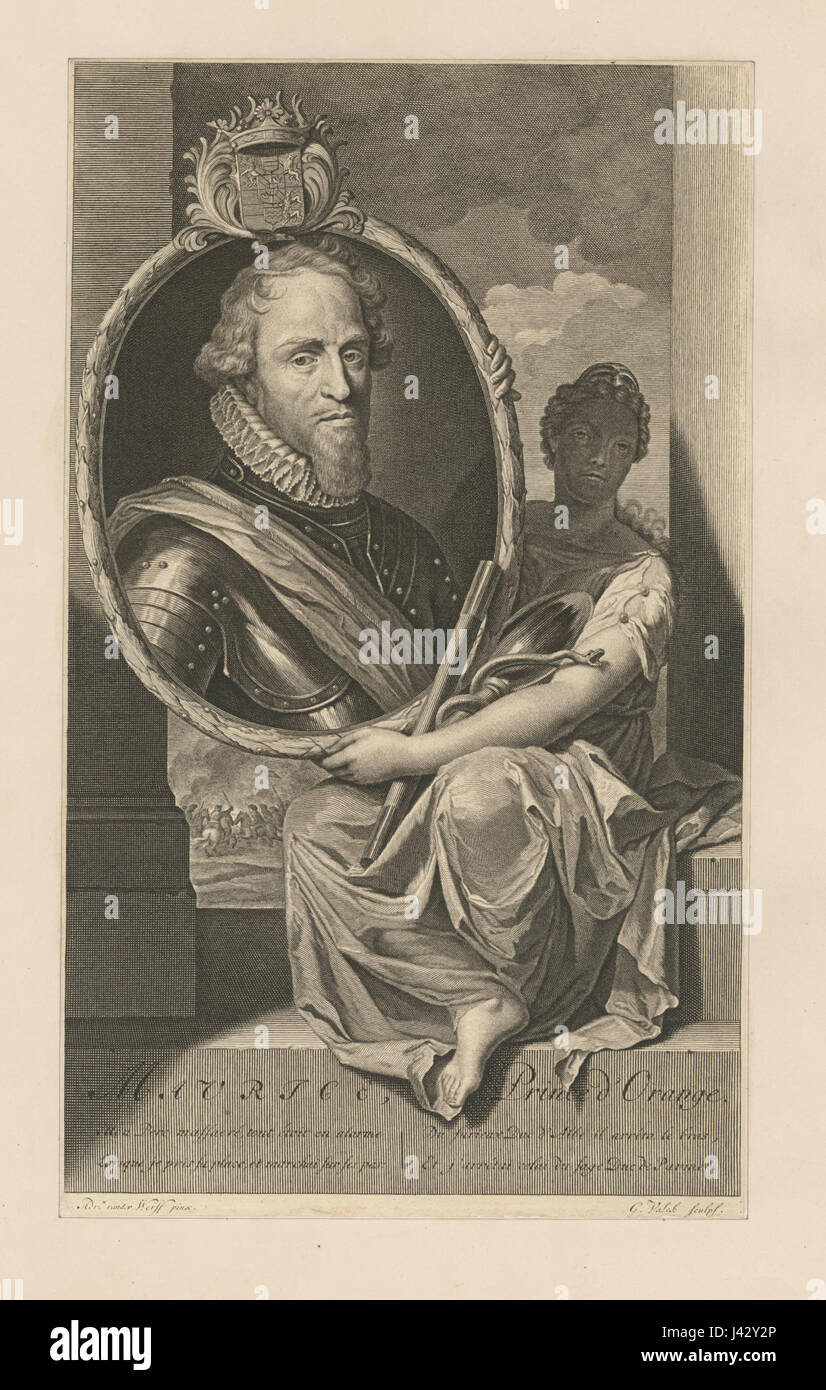 Dieses Porträt von Maurice, Prinz von Orange, stellt ihn als Militärführer und Adelsfigur dar, die zur niederländischen Geschichte im 16. Jahrhundert beitrug. Stockfoto