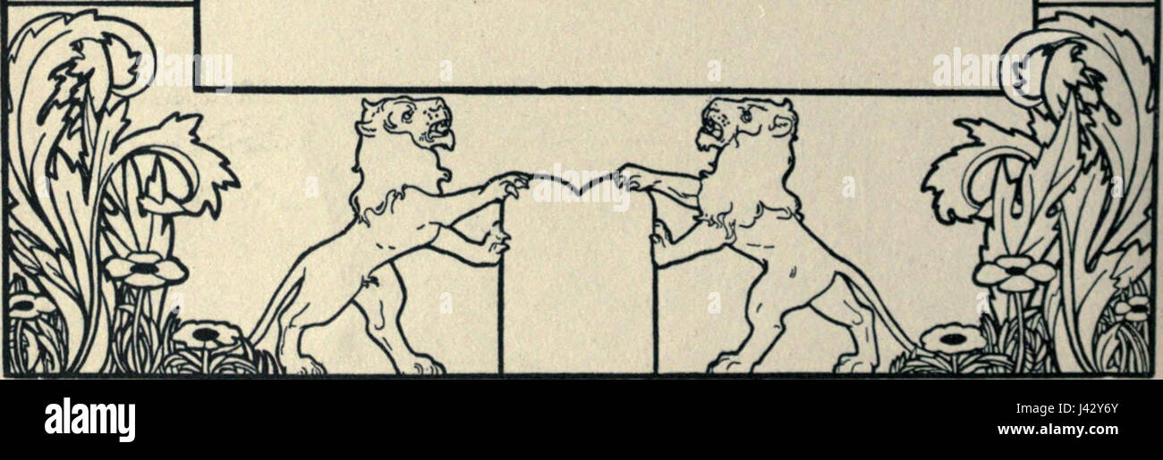 Diese Vignette zeigt eine Darstellung eines Löwen des Künstlers Lilien, der für seine detaillierten und ausdrucksstarken Tierstudien bekannt ist, wobei der Schwerpunkt häufig auf Stärke und Anmut in der Darstellung von Wildtieren liegt. Stockfoto