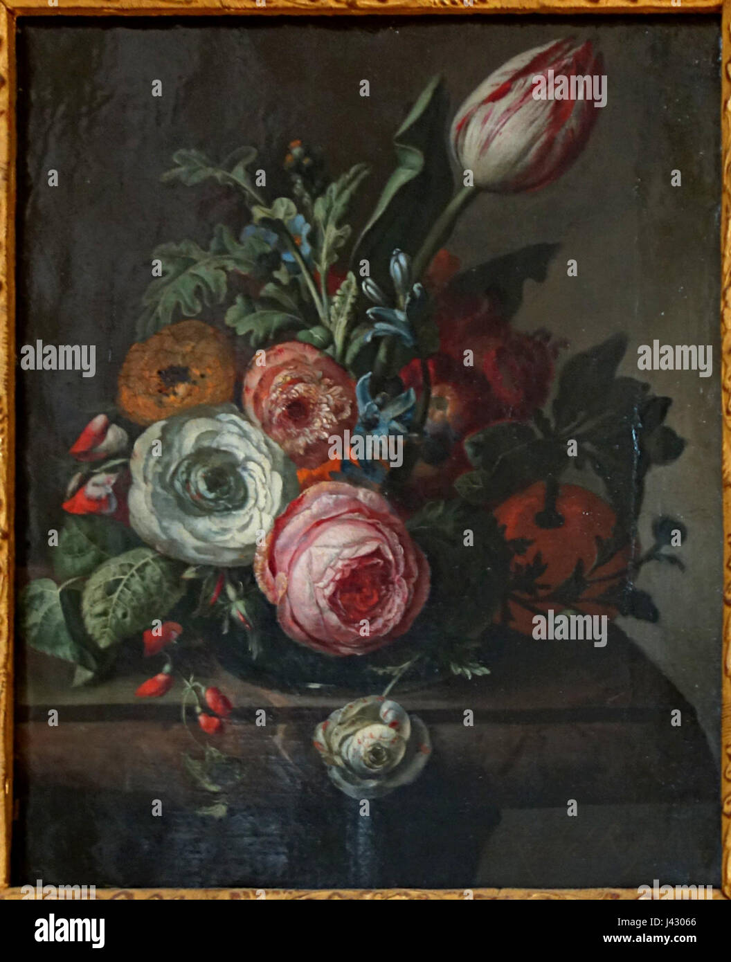 Dieses Kunstwerk von Rachel Ruysch mit dem Titel „Roses Tulipes“ zeigt ein lebhaftes Stillleben aus Blumen, charakteristisch für ihre botanischen Kompositionen aus der Barockzeit. Das Stück zeigt ihre Expertise in der Erfassung der komplizierten Details der Flora. Stockfoto